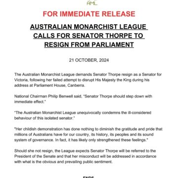 AUSTRALIAN MONARCHIST LEAGUES CALLS FOR SENATOR THORPE RESIGNATION.