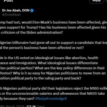 WhatsApp Image 2024-11-07 at 09.04.42_2d7df952 JOE ABAH QUERIES NIGERIA BRAND OF POLITICS, WONDERS IF MUSK BUSINESSES WOULD HAVE SUFFERED IF HIS PREFERRED CANDIDATE HAD LOST THE ELECTION.