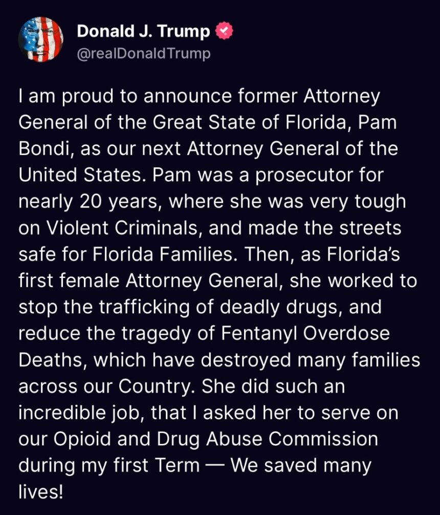 U.S CABINETS: TRUMP PICKS PAM BONDI AS HIS ATTORNEY GENERAL