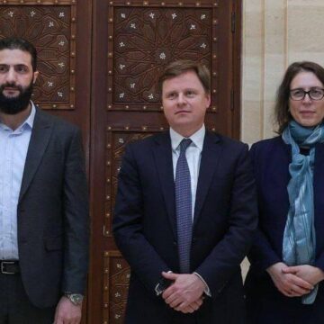 The new Syrian leader, Ahmed al-Sharaa, met last night with a delegation from the British Foreign Office . (Many islamists complained that the British female representative was not wearing a headscarf)
