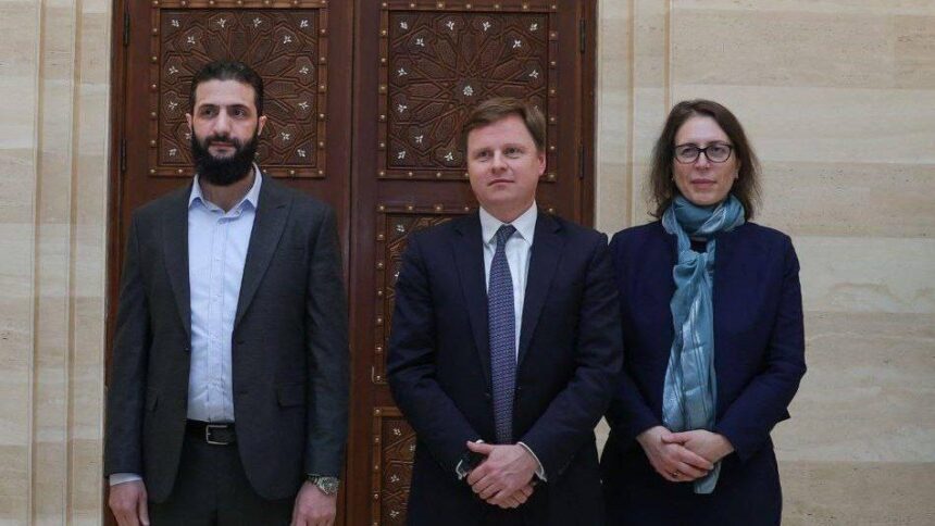 The new Syrian leader, Ahmed al-Sharaa, met last night with a delegation from the British Foreign Office . (Many islamists complained that the British female representative was not wearing a headscarf)