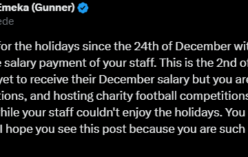 Twitter: Employer Leaves Staff Unpaid During Festive Period, While He Philanthropically Host Events and Donate To Charity