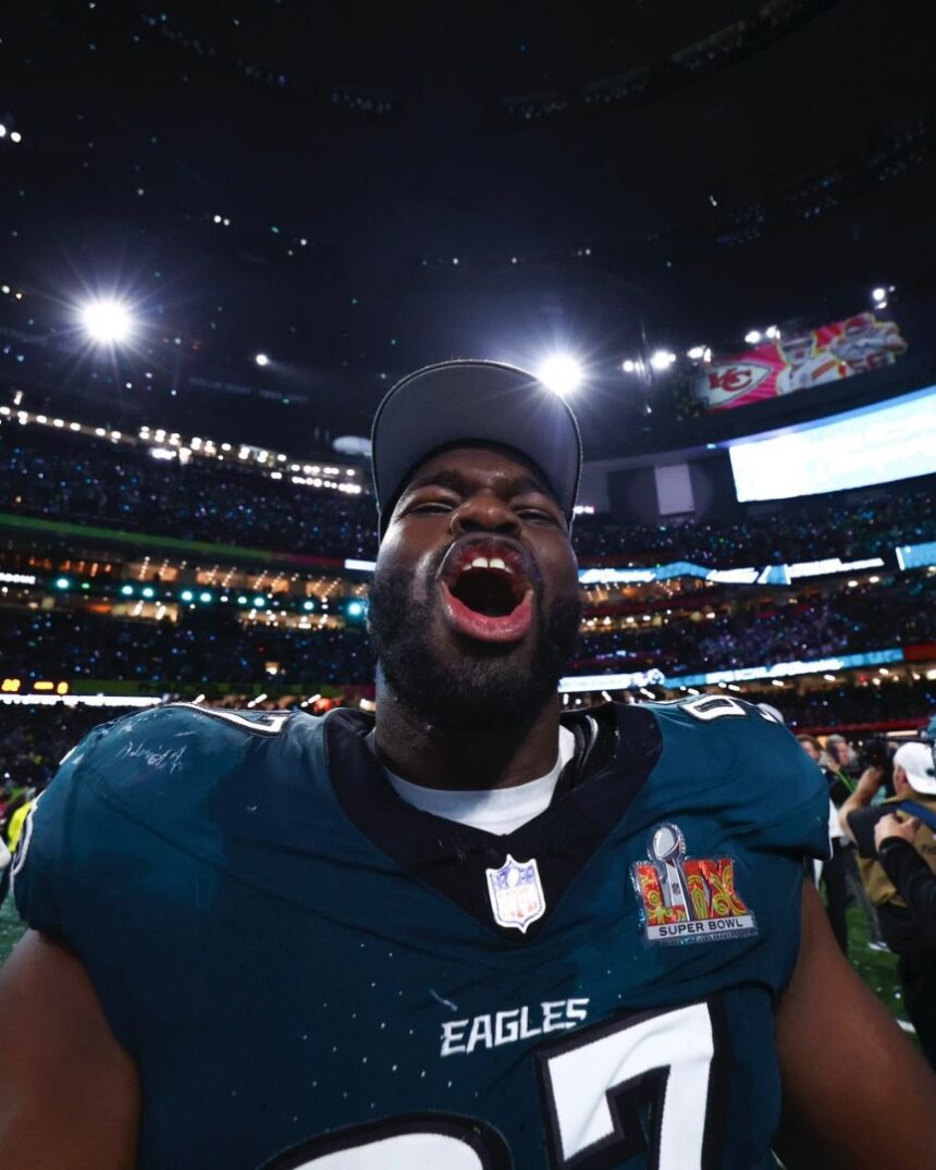 Photo Story: Lagos-Born Moro Ojomo Won The Super Bowl With Philadelphia Eagles, Shares Winning Moment With Nigeria As He Proudly Holds Flag
