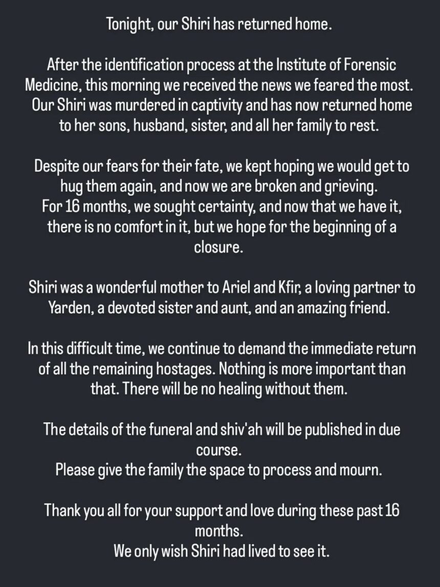 Shiri Bibas Body Returns Overnight, Genetic Test Matches, Family Releases Statement.