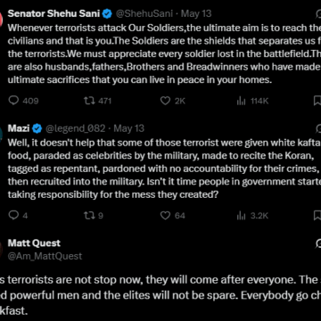 Screenshot (1086) Sen. Sani Urge Citizens To Appreciate Soldiers, Netizens Believe Government Should Make Terrorist Groups Accountable For Crimes Committed