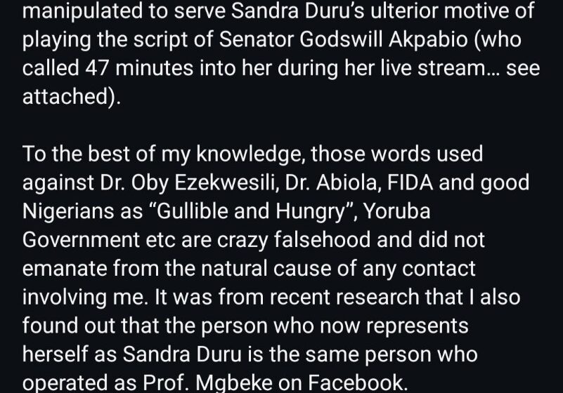Natasha Uduaghan Debunks Content Of Livestream Posted By Sandra C Duru, Claims It’s Manipulated