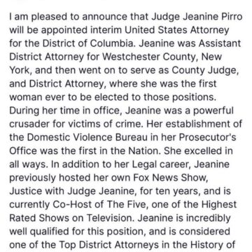 President Trump Chooses Judge Jeanine To Be The Next U.S. Attorney For D.C