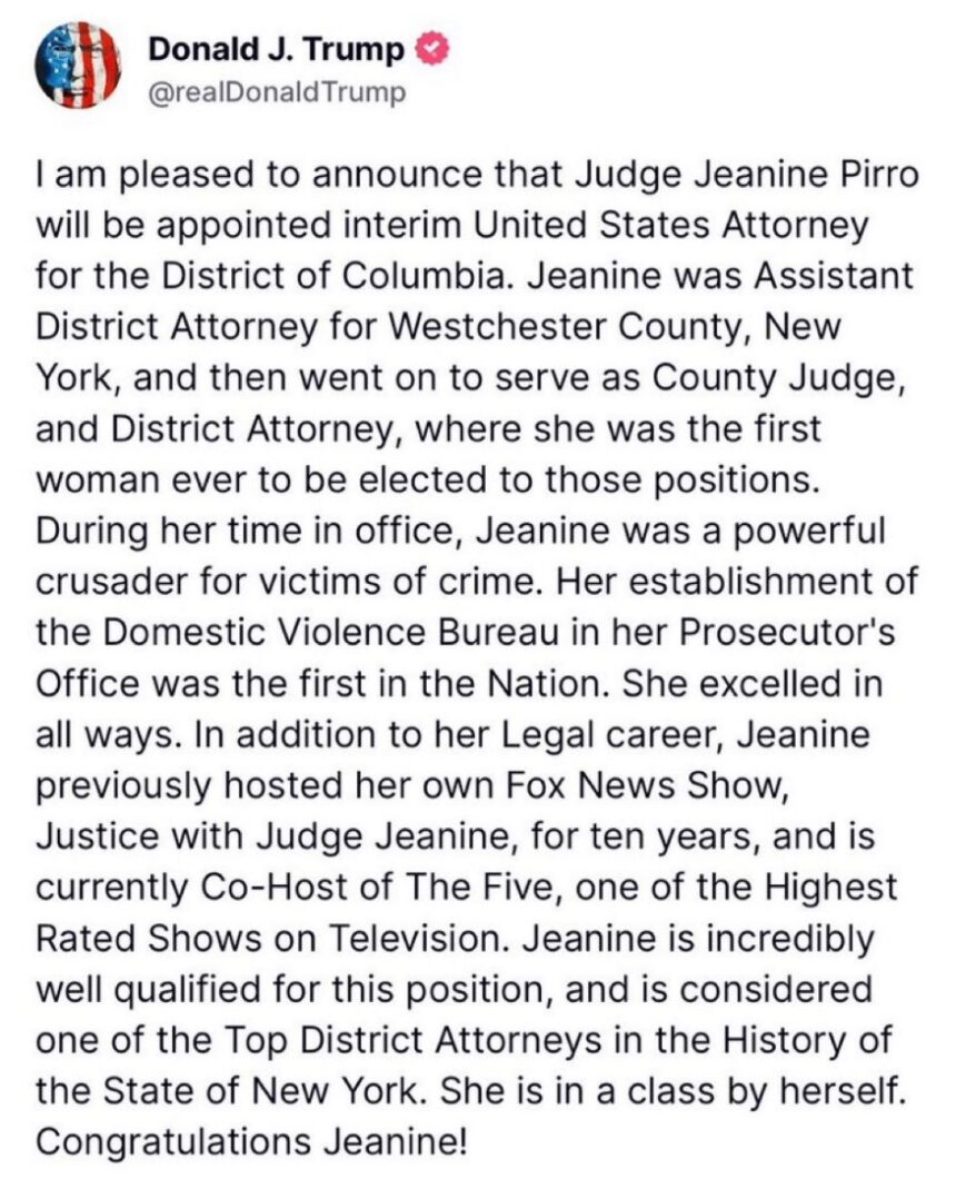 President Trump Chooses Judge Jeanine To Be The Next U.S. Attorney For D.C