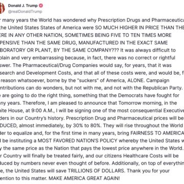 Trump To Sign Executive Order Reducing The Prices Of Prescription Drugs And Pharmaceuticals Between 30%-80% For Americans.