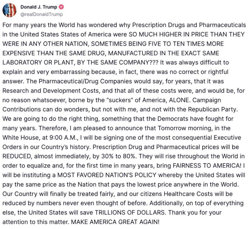 Trump To Sign Executive Order Reducing The Prices Of Prescription Drugs And Pharmaceuticals Between 30%-80% For Americans.