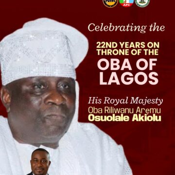 HON. (PRINCE) KAYODE MOSHOOD AKIOLU GREETS HRM ALAYELUWA (OBA) RILIWANU AREMU OSUOLALE AKIOLU ON HIS 22ND CORONATION ANNIVERSARY