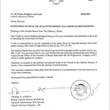 Twitter: Benue State Governor, Rev Fr. Hyacinth Alia Suspension As Catholic Priest Surfaces, Man Queries If He Still Observe Celibacy