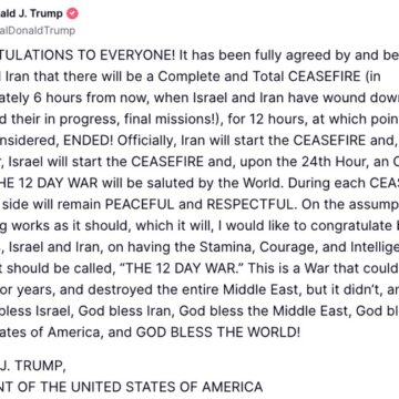 President Trump Brokers Ceasefire Between Iran And Israel, Effective From June 23 Now In Effect