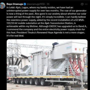 President Tinubu Spokesperson Bayo Onanuga, Praises ‘Renewed Hope Agenda’ Over Constant Electricity In Ajah Lagos State.