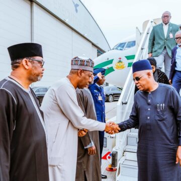 Photos: Nigeria’s Vice President, Kashim Shettima, And The President’s Chief Of Staff, Femi Gbajabiamila, Arrive London To Bring Back The Remains Of The Country’s Former President, Muhammadu Buhari.