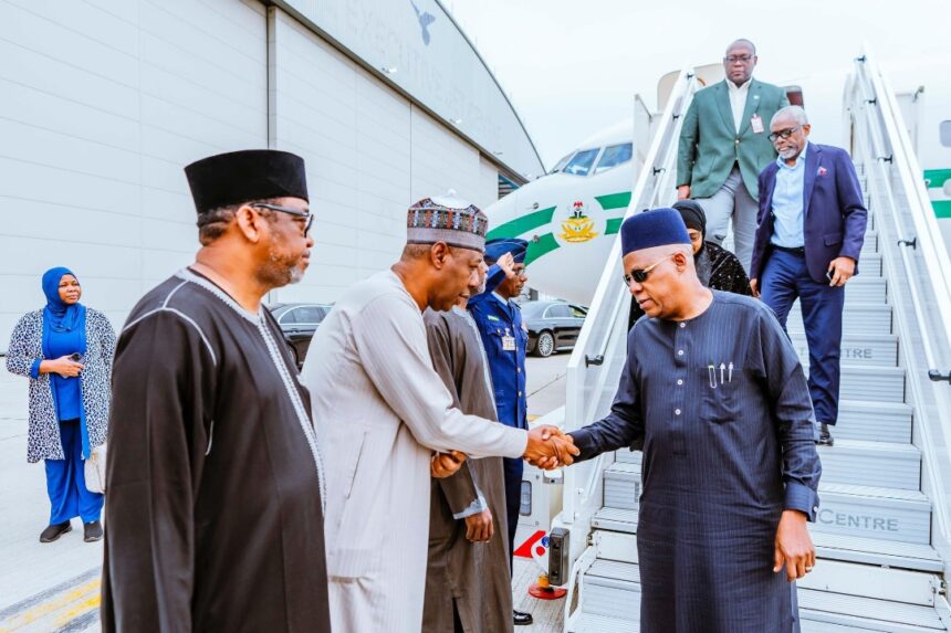 Photos: Nigeria’s Vice President, Kashim Shettima, And The President’s Chief Of Staff, Femi Gbajabiamila, Arrive London To Bring Back The Remains Of The Country’s Former President, Muhammadu Buhari.