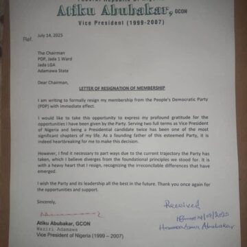 Former Vice President Atiku Abubakar has officially resigned from the People’s Democratic Party (PDP).