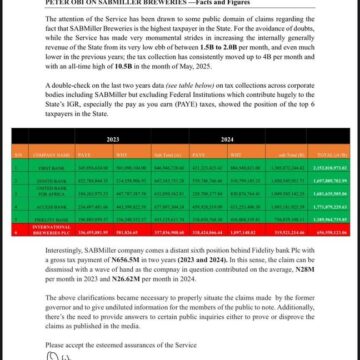 Anambra State Internal Revenue Service (Airs) Debunks Peter Obi’s False Claims On Sabmiler Being The Highest Tax Payer In Anambra