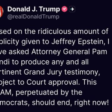 President Trump Directs Attorney General Pam Bondi To Seek The Release Of Jeffrey Epstein’s Grand Jury Transcript