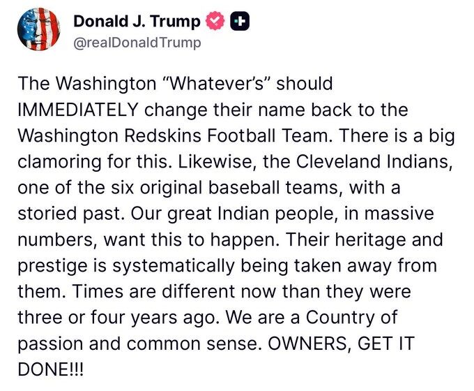 Trump Threatens Washington And Cleveland Guardians To Revert To Native American Names, Stresses He Will Block A New Stadium Deal