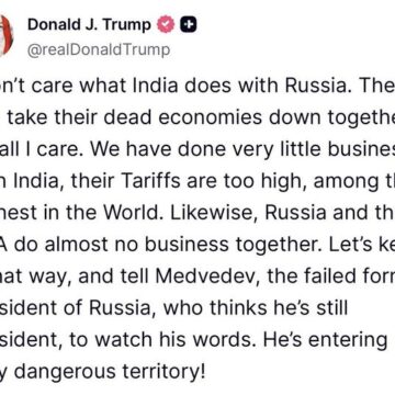 US President Donald Trump Issues Warning To Russia’s Dmitry Medvedev, Advices Him To “Watch His Words”