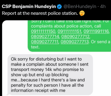 Screenshot (358) Lagos State PRO Benjamin Hundeyin, Advices Complaint To Report To Police Station Over Money Sent To An Unidentified Gender Who Blocks Him After Refusing To Show Up