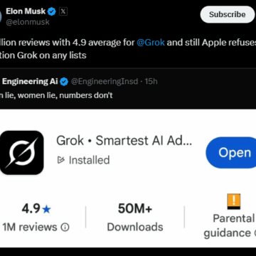 Musk Subtle Condemnation Of Apple App For Not Mentioning  Grok On Any Of Its Store Even After The AI Generated 1M Reviews At 4.9 Stars Validation From Users.