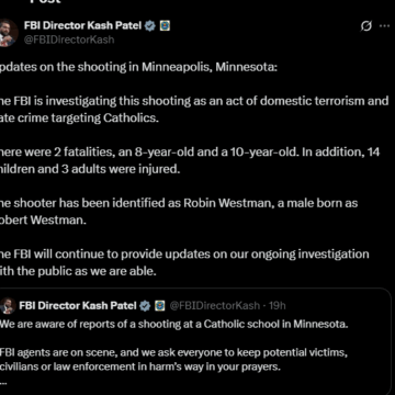 Screenshot (404) FBI Director Kash Patel, Designates Minnesota “Shooting As An Act Of Domestic Terrorism And Hate Crime Targeting Catholics.”