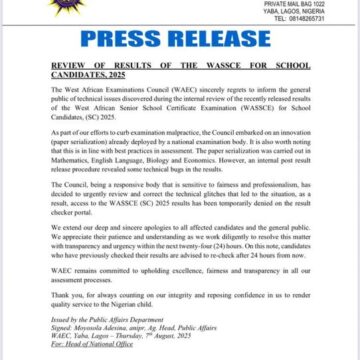 WAEC Fault Technical Glitches, To Review 2025 Candidates Examination