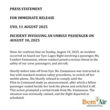 Video: Ibom Air Confirms Passenger’s Unruly Behavior, Releases Press Statement Addressing Uyo-Lagos August 10 Flight Incident