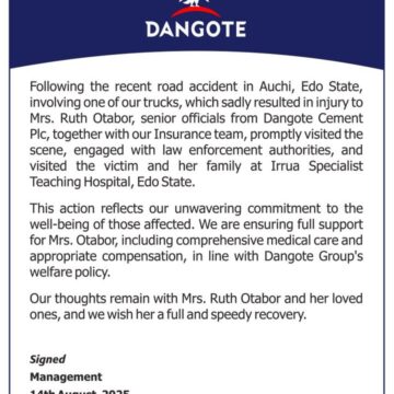Dangote Group Wishes Female Victim Hit By One Of Its Truck Full And Speedy Recovery After Amputation, Assure Family Of Support After Netizens Call The Company Out
