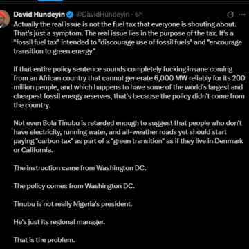 Abroad Based Nigerian Journalist David Hundeyin, Claims The 5% Fuel Tax By Federal Government Instruction Came From Washington D.C