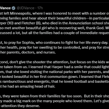 Screenshot (433) Vice President JD Vance Meets Bereaved Families Of Minneapolis Shooting Victims, Eulogises Late Harper (10) And Fletcher (8)