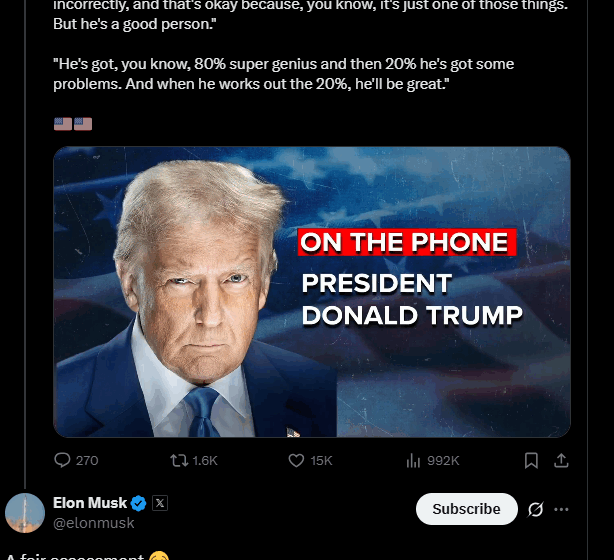 Trump Says Elon Musk Is 80% Super Genius With 20% Problem, The Tesla CEO Accept The Assessment Of Him As “Fair”