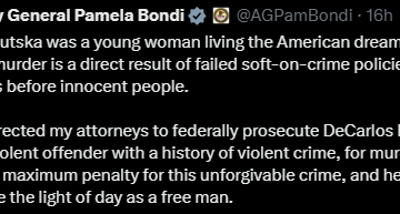 US Attorney General Pam Bondi Gives Directives To Prosecute Decarlos Brown Jr., A Repeat Violent Offender Accused In The Murder Of 21-Year-Old Ukrainian Refugee