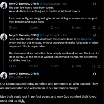 UBA Chairperson Tony Elumelu Reveals The Bank Loses Staff To The Tuesday Fire At The Afriland Tower In Lagos Island, Prays For The Repose Soul Of The Dead