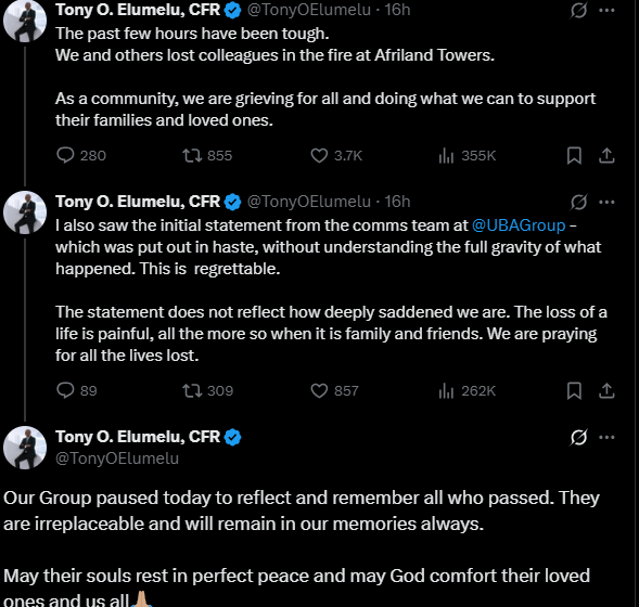 UBA Chairperson Tony Elumelu Reveals The Bank Loses Staff To The Tuesday Fire At The Afriland Tower In Lagos Island, Prays For The Repose Soul Of The Dead