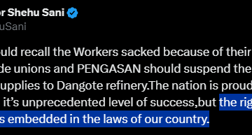 “The Right Of Workers To Unionise Is Embedded In The Laws Of Our Country.”— Senator Shehu Sani Ask Dangote Refinery To Recall Staff Sacked Over Unionism