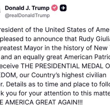 United States President Announces NYC Mayor Rudy Giuliani, Will Receive The Presidential Medal Of Freedom, Describes Him As The “Greatest”