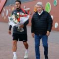 Atlético de Madrid President Enrique Cerezo And Captain, Koke, Places Flower Bouquet At The Memorial Space In Memory Of Diogo Jota At Anfield