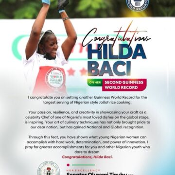 Nigerian First Lady Senator Oluremi Tinubu, Congratulates Celebrity Chef Hilda Baci, On Her New Feat As The Guinness World Record For The Largest Serving Of Jollof Rice Cooking.