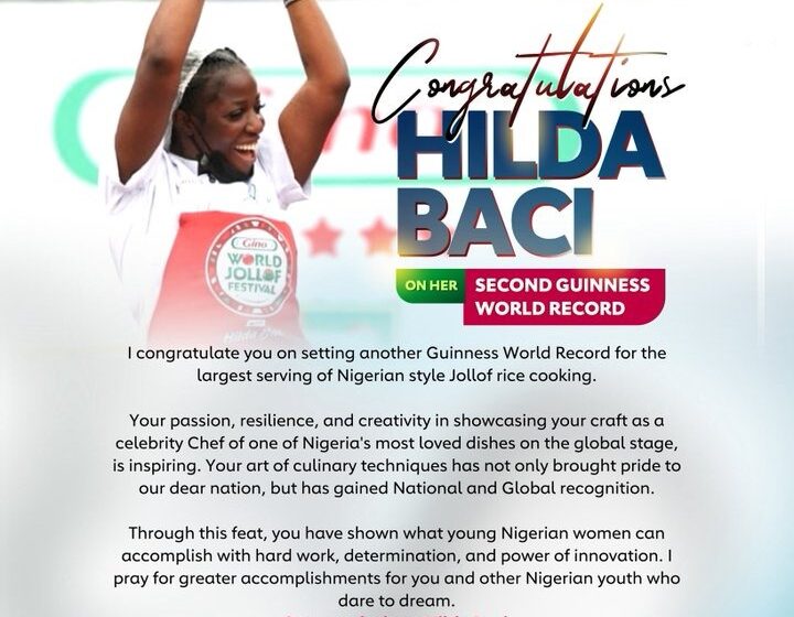 Nigerian First Lady Senator Oluremi Tinubu, Congratulates Celebrity Chef Hilda Baci, On Her New Feat As The Guinness World Record For The Largest Serving Of Jollof Rice Cooking.