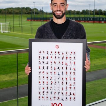 Midfielder And Captain, Bruno Fernandes Hit His 100 Goals For Manchester United Football Club, Jason Wilcox Present Him Framed Artwork In Recognition.