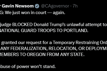 Screenshot (603) California Governor Newsom Celebrates Temporary Restraining Order As Federal Judge Blocks Donald Trump’s Attempt To Deploy 300 National Guard Troops To Portland.