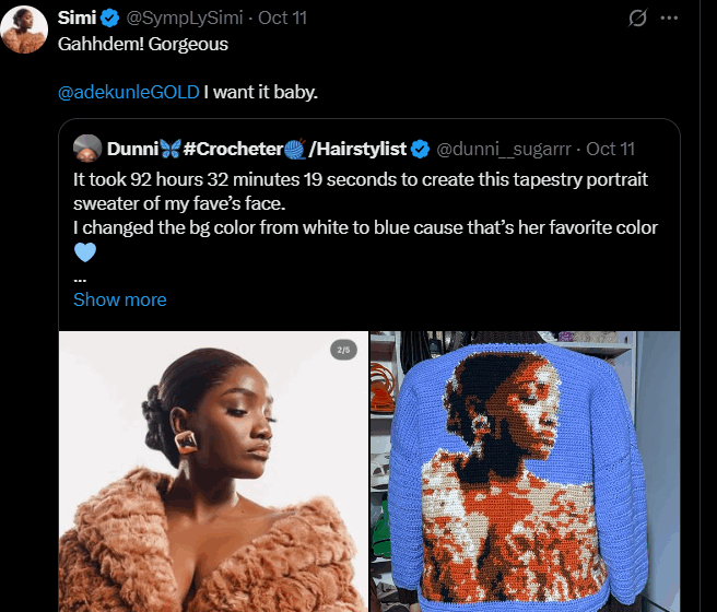 Nigerian Artist And Song Writer SymplySimi Reacts To Her Picture On Crocheter’s Creative Work, Calls Musician Husband, Adekunle Gold’s Attention To It
