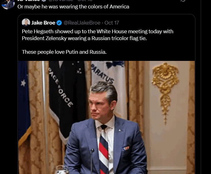 US VP JD Vance replies Fmr. Nuclear & Missile Operations Officer US Air Force Jake Broe, For Slamming Secretary Of War Pete Hegseth, Over His Tie Color