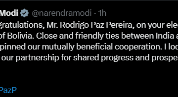 India Congratulates Rodrigo Paz Pereira, On His Election As The President Of Bolivia.