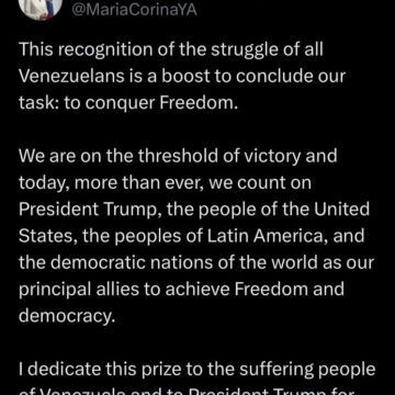 2025 Nobel Peace Prize Winner, Venezuela Venezuelan Opposition Leader Maria Corina Machado, Dedicates Award To President Trump For His Support To The Cause Of Her People