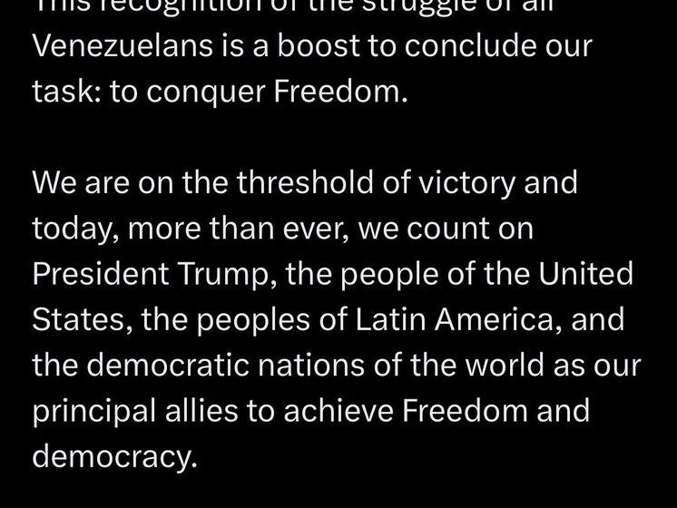 2025 Nobel Peace Prize Winner, Venezuela Venezuelan Opposition Leader Maria Corina Machado, Dedicates Award To President Trump For His Support To The Cause Of Her People