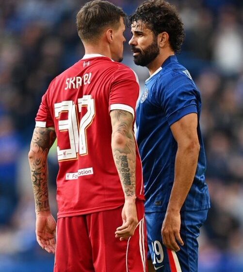Diego Costa Resumes Fight With Liverpool Martin Skrtel During Chelsea Legend Game Following An Altercation Occurrence After A Strong Challenge On The Spaniard.